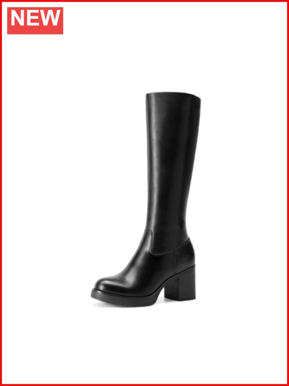 Platform Knee High Round Toe Boots Faux Leather Heeled Tall Boots